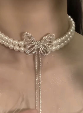 在逃公主 蝴蝶双层珍珠项链choker仙女配饰女高级感锁骨链颈链