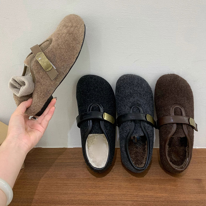 厚底毛呢加绒勃肯鞋女2025秋冬新款灰色保暖棉鞋平底玛丽珍毛毛鞋 - 图2