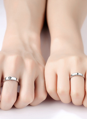 2024日月星辰情侣戒指S925银日韩简约学生男女开口可调节对戒素戒