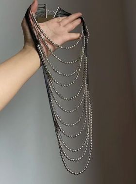 波西米亚高级银色仿珍珠夸张多层嘻哈女士项链长款个性复古毛衣链