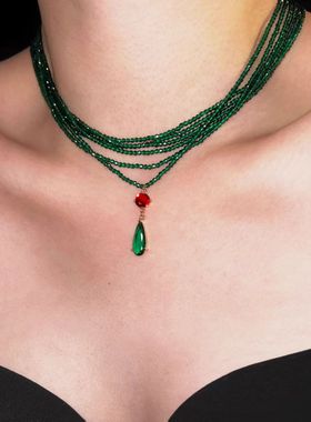 「哈尔」小众轻奢高级感绿色串珠choker叠戴项链法式复古锁骨链女