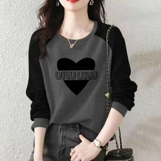 100% cotton long-sleeved T-shirt tops for women, autumn and winter Korean style loose fit to cover the flesh and look slimming, pullover outer wear, spliced thin sweatshirt E