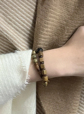 绿檀木复古风方块双圈手链文玩原创绿檀圆珠手串方檀老料男女做旧