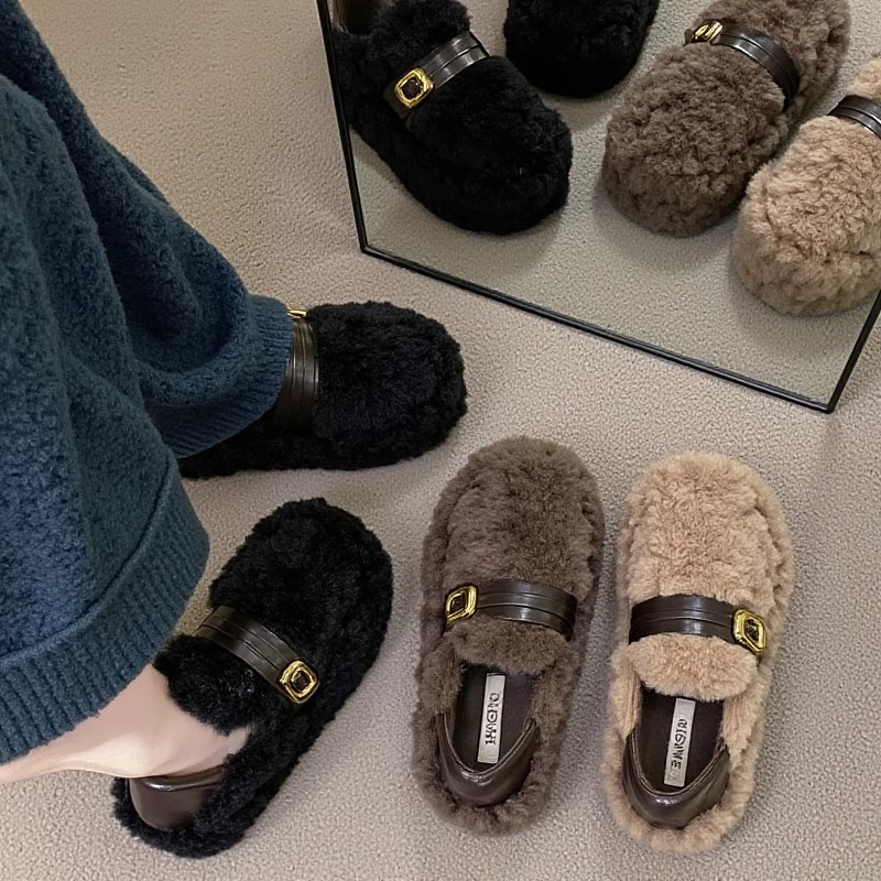 羊羔绒毛毛鞋女2025新款冬季厚底加绒保暖孕妇豆豆棉鞋单鞋防滑 - 图1