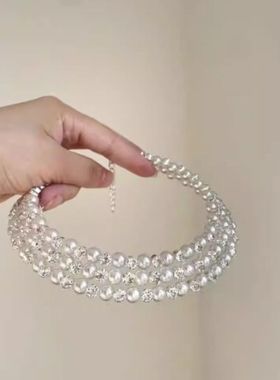 法式vintage三层仿珍珠项链耳环套装轻奢贵气choke晚宴配礼服配饰