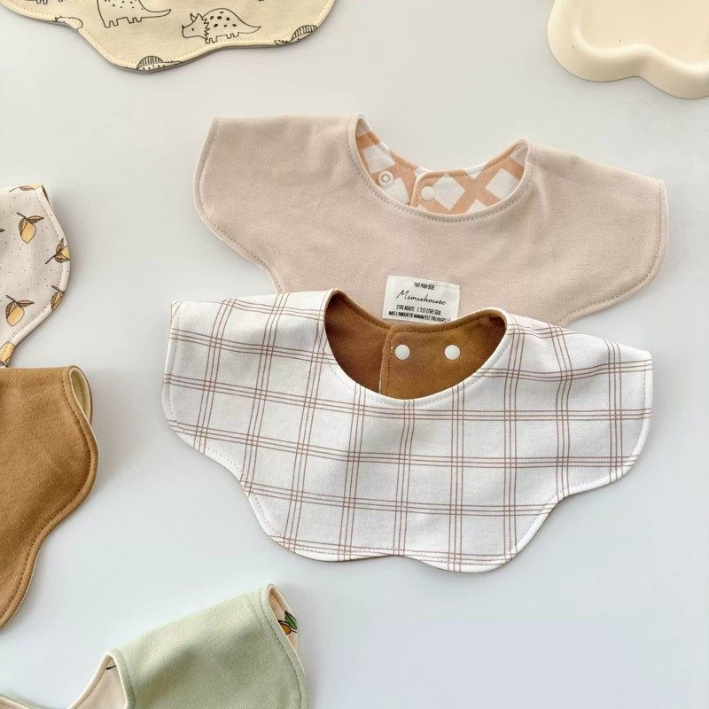 ins同款纯棉宝宝围嘴双面婴幼儿防吐奶口水巾A类围兜防水格子波点,淘宝优惠券,粉丝福利购,淘宝优惠卷