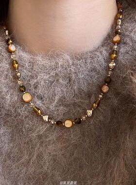 美拉德虎眼石珍珠项链女秋冬季2025爆款百搭轻奢高级感长款毛衣链