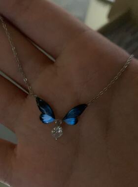 水墨蝴蝶戴钻滴釉渐变项链小众设计感高级轻奢气质饰品女钛钢