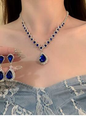 轻奢爆闪蓝色满钻水滴吊坠项链女高级感宴会晚礼服锁骨链ins颈链