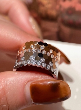 轻奢蜂巢戒指女满钻V金版镀18k玫瑰金蜂窝叠戴半排钻高级感食指环