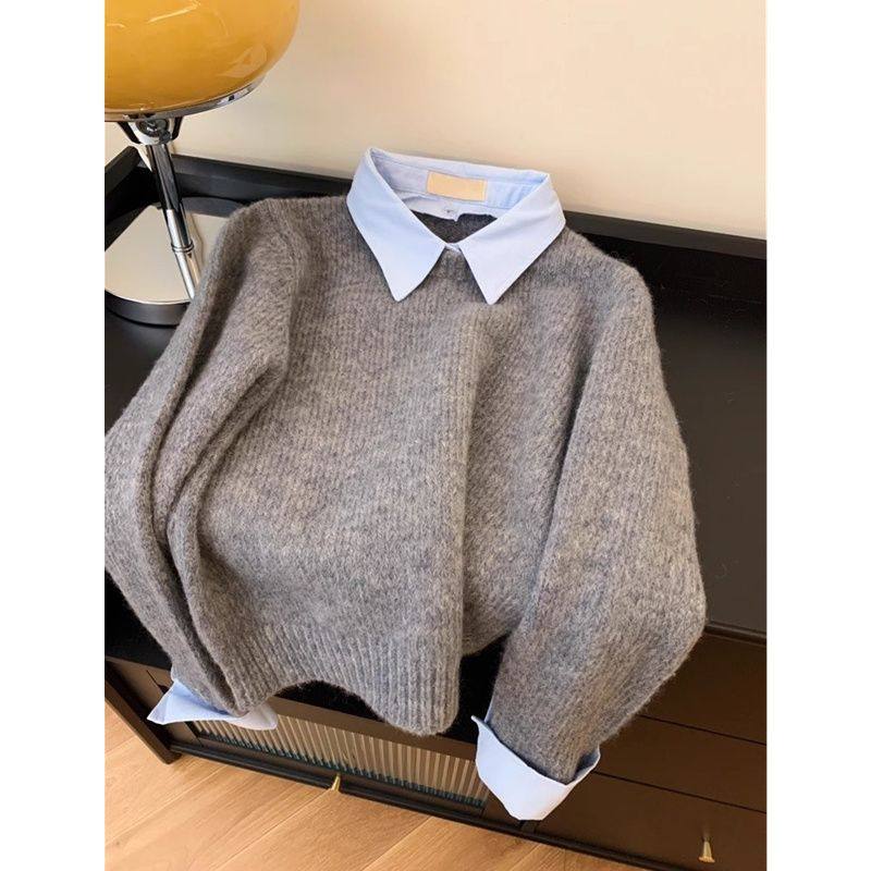 假两件衬衫领毛衣女秋装大码内搭慵懒风撞色翻领灰色针织衫上衣,淘宝优惠券,粉丝福利购,淘宝优惠卷