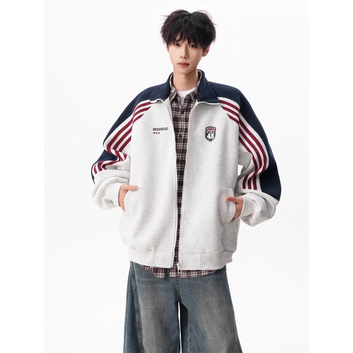 美式条纹撞色立领开衫卫衣男女春秋冬学院风宽松休闲运动夹克外套,淘宝优惠券,粉丝福利购,淘宝优惠卷