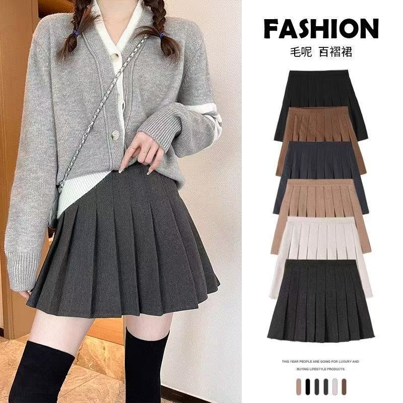 黑色毛呢百褶裙短裙女2025秋冬款高腰显瘦防走光jk半身裙加厚a字 - 图0