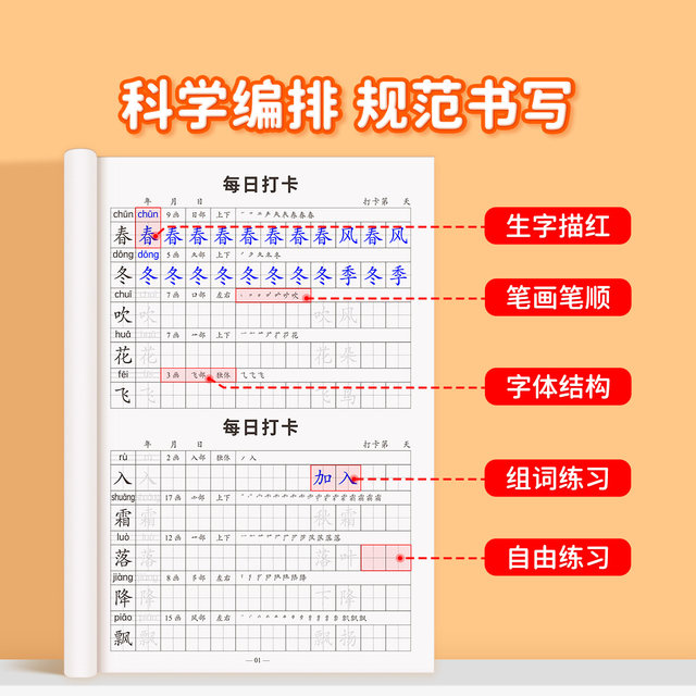 2026 new version of the first grade and second grade synchronous copybook, daily check-in, synchronous copybook for primary school students, hard-pen calligraphy practice book, stroke order, red writing, daily practice of word combinations, sentence formation, literacy exercise book