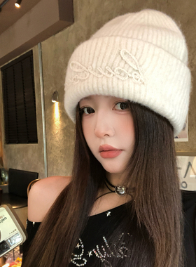 字母兔毛针织帽女冬季加厚保暖毛线帽时尚帽子紫色白色灰色可折叠