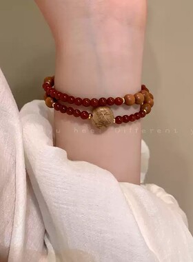 南红玛瑙串珠木质手串女款轻奢小众复古红色手链2025新款学生手饰