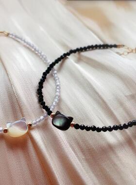 黑白色猫咪14K金手链可调节天然水晶小珍珠黑尖晶日系小众饰品