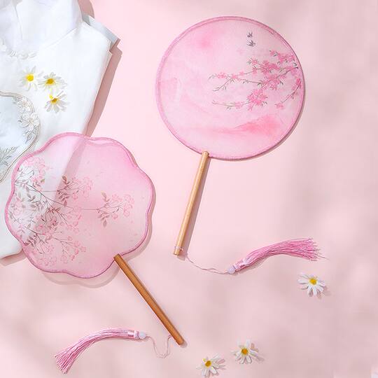 团扇双面古典扇子古风半透圆形流苏女古装汉服旗袍丝质古装扇子