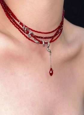 简约设计感红色串珠蛇形吊坠多层颈链轻奢高级感时尚锁骨项链配饰