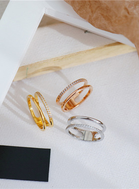 镂空双层微镶钻情侣戒指 韩版时尚简约镀金食指指环批发