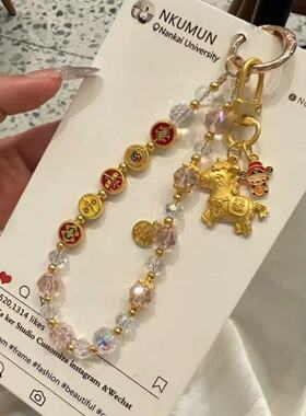 中国风合金五路财神手机挂链手工串珠挂件水晶车钥匙包包高端挂饰