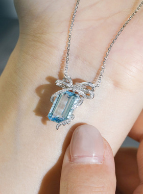 2022新款日系项链海蓝宝吊坠轻奢小众设计感蓝色蝴蝶结水晶首饰女