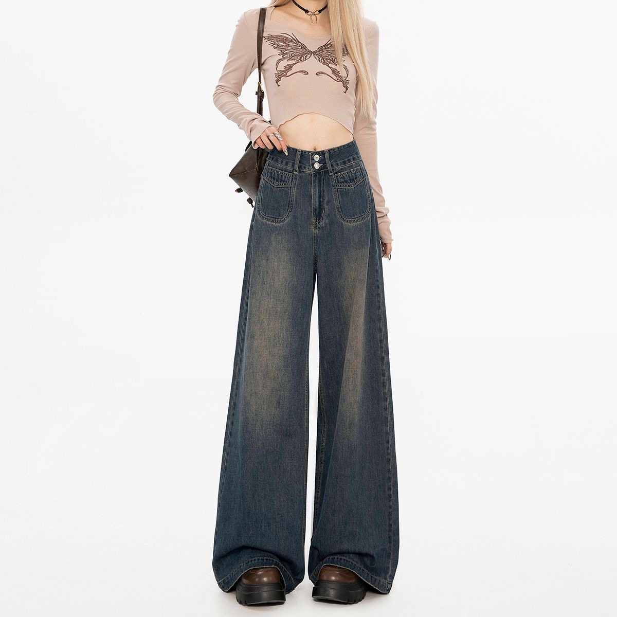 大码高腰阔腿牛仔裤女春秋款韩版复古宽松显瘦慵懒直筒裤子做旧,淘宝优惠券,粉丝福利购,淘宝优惠卷