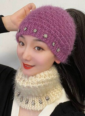秋冬帽子包头帽女护额头巾头套女针织帽毛线保暖黑色灰色红色铆钉