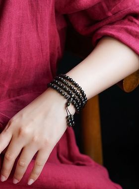 天然黑曜石佛珠手串男金曜石冰种乌金黑曜石手链女情侣串珠