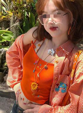 夏日芬达!度假风橙色花朵吊坠项链女时尚百搭气质毛衣链配饰新款