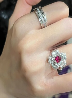 925轻奢复古新中式玫瑰花爱心红宝石戒指手镯镶嵌满钻高颜值精致