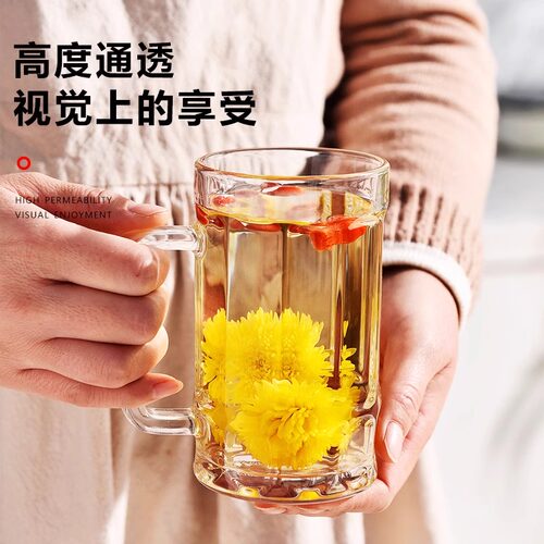 玻璃啤酒杯扎啤杯子家用500ml大容量菠萝把手水杯带把泡茶杯加厚 - 图2