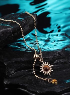 金色太阳花人工虎眼石吊坠项链女