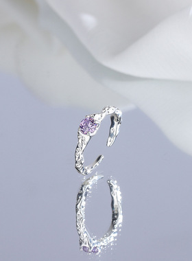 s925纯银熔岩不规则戒指女小众时尚锡纸褶皱指环学生个性紫钻水晶