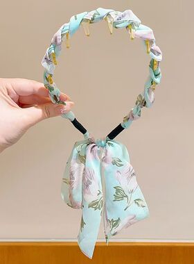 儿童编发丝巾碎花飘带发箍发绳女童珍珠头箍马尾头绳夏季紫色粉色