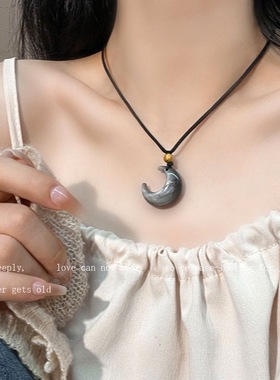 黑白月亮银耀石高级感挂绳项链
