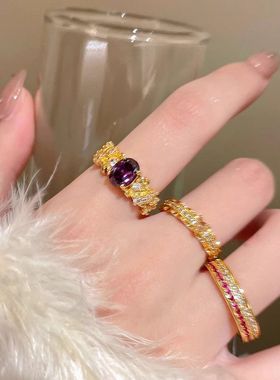 金色锆石中古风戒指女轻奢小众设计复古食指戒紫色高级感重工指环