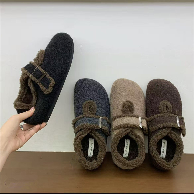 厚底内增高毛呢加绒勃肯鞋女2025秋冬新款保暖棉鞋玛丽珍鞋毛毛鞋 - 图0