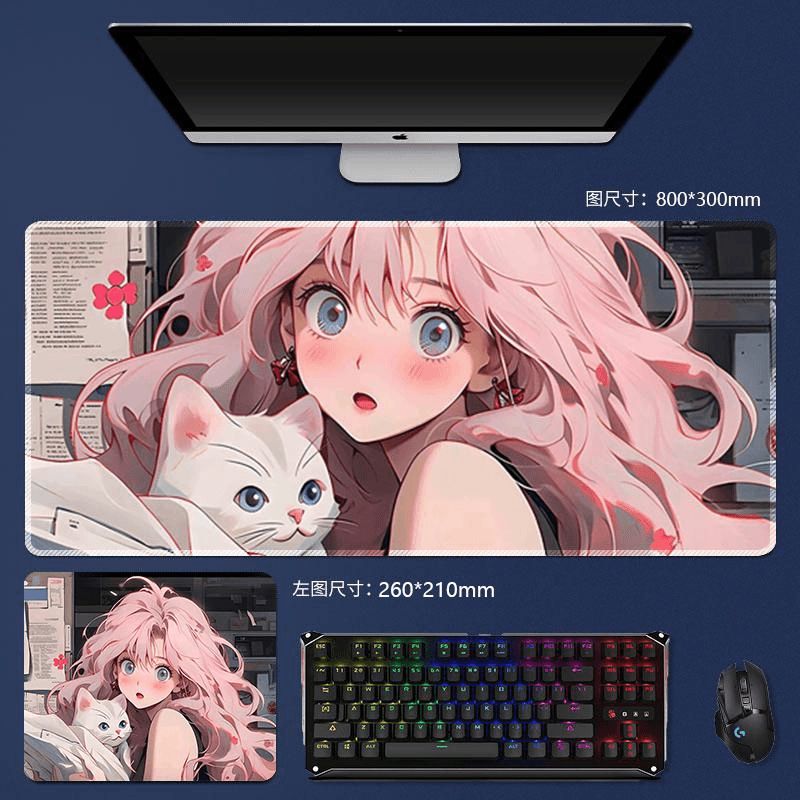 高颜值美少女电竞鼠标垫男女生大号防滑锁边护腕唯美办公电脑桌垫