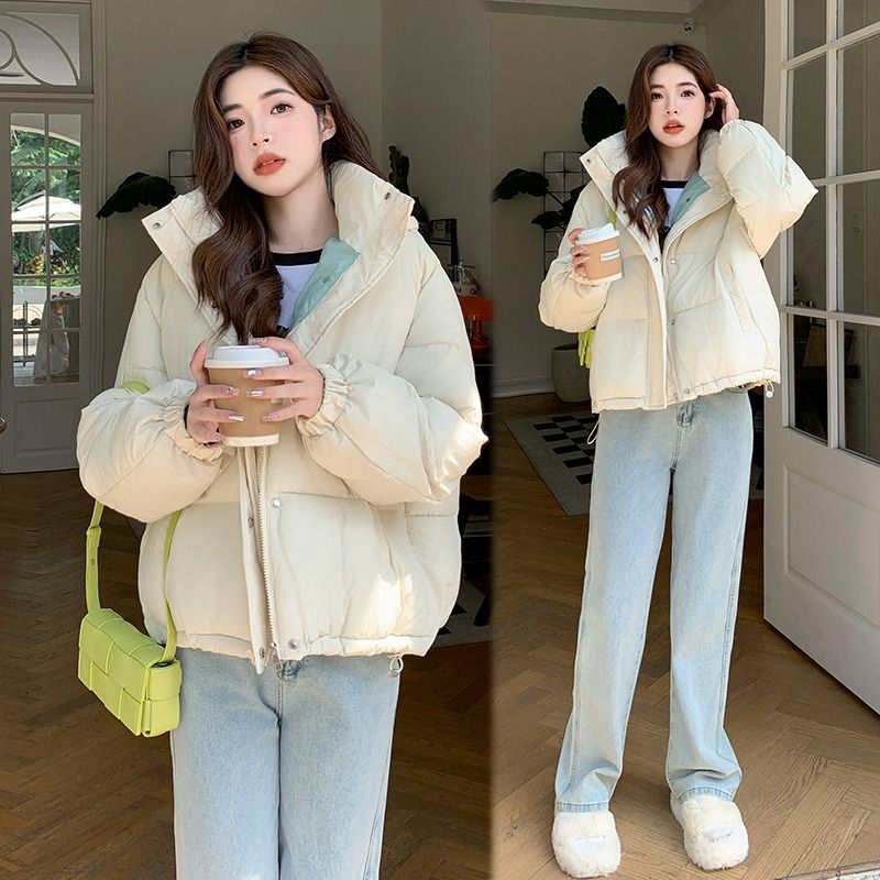 实拍拼色羽绒棉服女学院风加厚小个子面包服2023新款冬季宽松外套_天天特卖工厂店_女装/女士精品