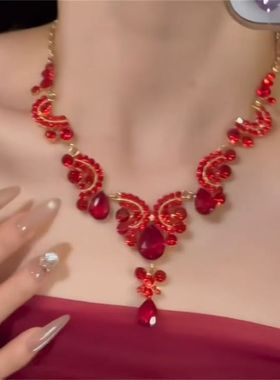 zoozmomo欧美重工红色满钻水滴锆石项链套装轻奢高级感夸张锁骨链