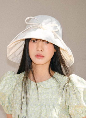 泡芙系带渔夫帽棉麻秋季防晒薄款遮阳帽女显脸小可折叠蝴蝶结蓝色
