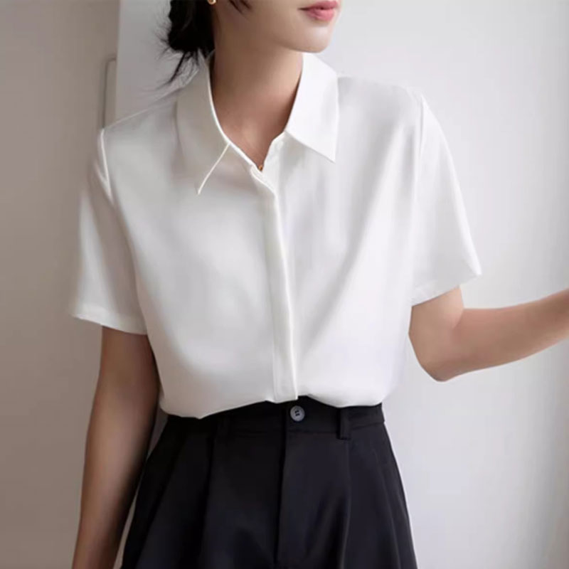 法式雪纺白色衬衫短袖女夏季2024新款正装垂感职业通勤上衣缎面