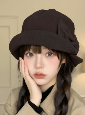 复古蝴蝶结灯芯绒渔夫帽子秋冬女款2026新款素颜氛围感日系盆帽潮