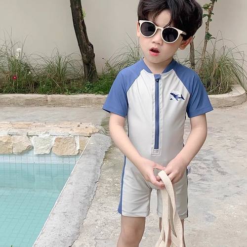 韩国ins儿童连体泳衣男童夏季速干防晒可爱鲨鱼套装海边沙滩衣服 - 图0