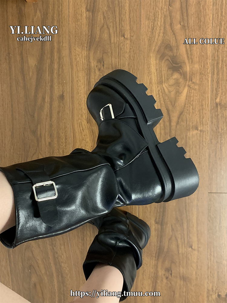 厚底增高马丁靴女2024年新款春秋冬季美中筒靴子高跟粗跟黑色圆头 - 图2