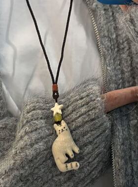 可爱植绒毛绒串珠猫咪吊坠小猫项链森系毛毡挂件毛衣链
