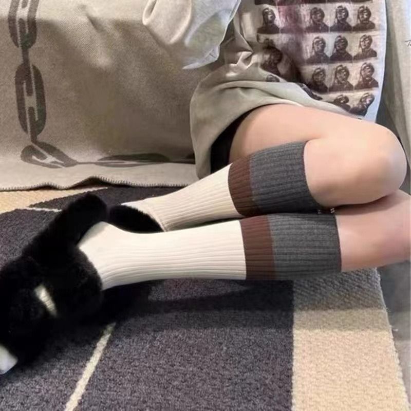 小腿袜女秋冬新款拼色半筒纯棉黑色长袜子堆堆中筒棉袜条纹2023年