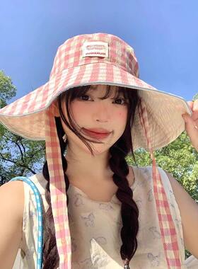 渔夫帽女夏季大帽檐遮阳帽子防晒盆帽格子绿色蓝色红色粉色可折叠