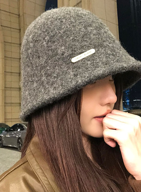 灰色羊毛混纺针织渔夫帽女冬季毛绒大头围保暖盆帽水桶帽子红色